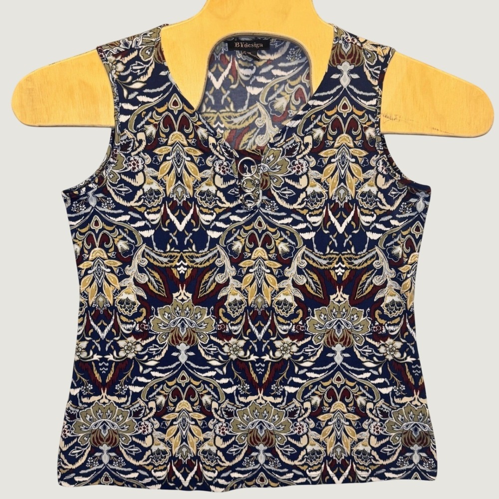 2177 | BY'design Paisley Sleeveless V-Neck Stretchy Knit Tank Top Blue Womens M